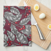Holly berry, gray leaves on dark red キッチンタオル (四つ折り)