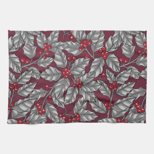 Holly berry, gray leaves on dark red キッチンタオル (横)