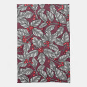 Holly berry, gray leaves on dark red キッチンタオル (縦)