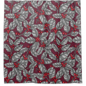 Holly berry, gray leaves on dark red シャワーカーテン (正面)