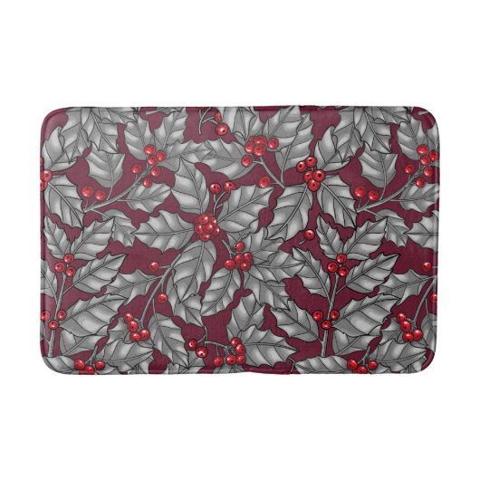 Holly berry, gray leaves on dark red バスマット (正面)