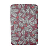 Holly berry, gray leaves on dark red バスマット (正面縦)