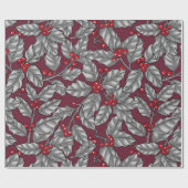 Holly berry, gray leaves on dark red ラッピングペーパー (フラット)