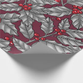 Holly berry, gray leaves on dark red ラッピングペーパー (角)