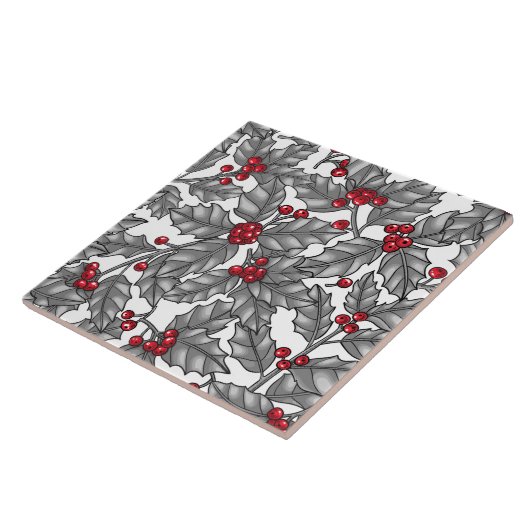 Holly berry, gray leaves on white タイル (側面)