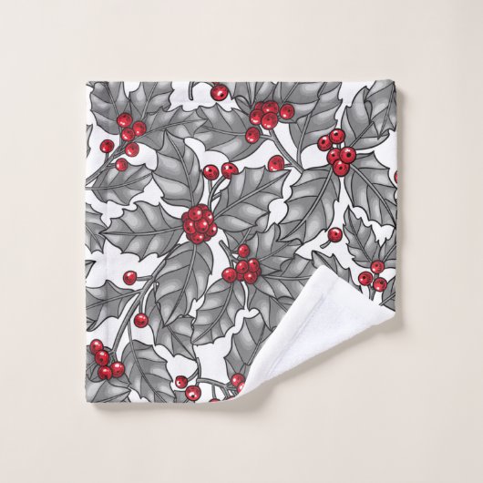 Holly berry, gray leaves on white バスタオルセット (ウォッシュタオル)