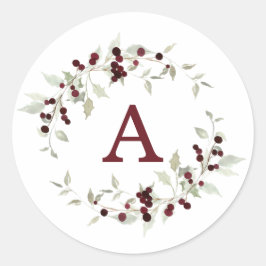 Holly Berry Wreath Monogram Letter ラウンドシール