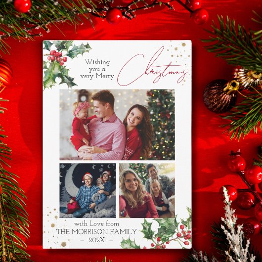 Holly Branches写真コラージクリスマス シーズンカード