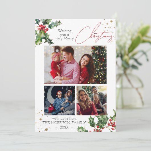 Holly Branches写真コラージクリスマス シーズンカード (スタンド正面)