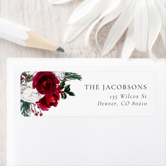 HOLLY Burgundy Floral Christmas Return Address ラベル (インサイチュ)