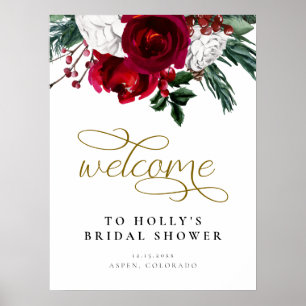 HOLLY Burgundy Floral Winter Bridal Shower Welcome ポスター