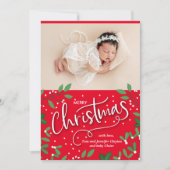 Holly Christmasベビー写真誕生のお知らせ シーズンカード (正面)