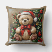 Holly Christmas Bear Throw Pillow クッション (正面)