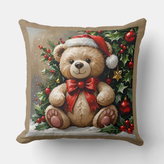 Holly Christmas Bear Throw Pillow クッション (正面)