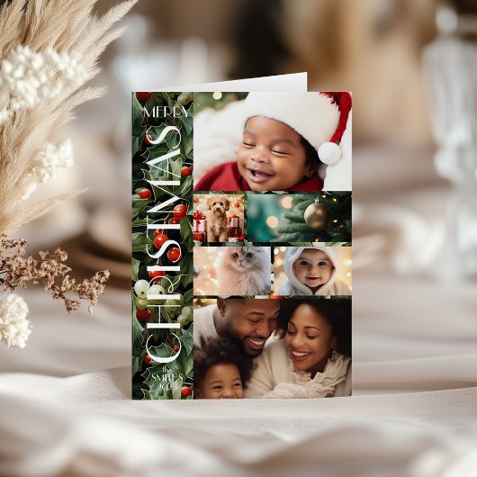 Holly Festive Family Photo Collage Christmas  カード