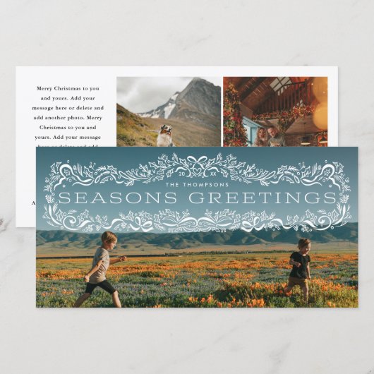 Holly Framed Seasons Greetings Photo Holiday Card (正面/裏面)