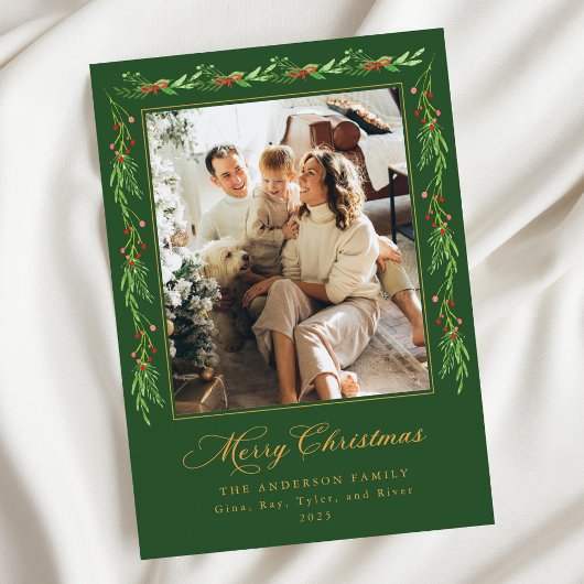 Holly Garland Merry Christmas Photo Card 招待状