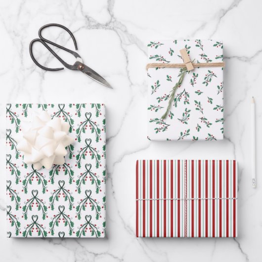 Holly Greenery Patterns Christmas Gifts ラッピングペーパーシート (正面)