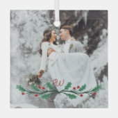 Holly Haf Wreath Monogram Winter Wedding Photo ガラスオーナメント (正面)