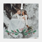 Holly Haf Wreath Monogram Winter Wedding Photo ガラスオーナメント (裏面)