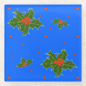 Holly (Ilex)クリスマスモチーフonフェスティバルブルー ガラスコースター (正面)