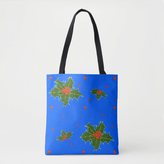 Holly (Ilex) Christmas Motif on Festive Blue  トートバッグ (正面)