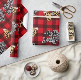 Holly Jolly Buffalo Plaid Christmas & Leopard Bows ラッピングペーパー