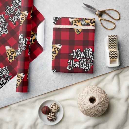 Holly Jolly Buffalo Plaid Christmas & Leopard Bows ラッピングペーパー (クラフト)