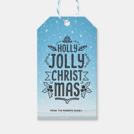 Holly Jolly Christmas タイポグラフィ ブルー スノー カスタム ギフトタグ