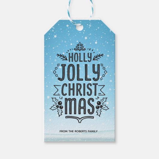 Holly Jolly Christmas タイポグラフィ ブルー スノー カスタム ギフトタグ (正面)