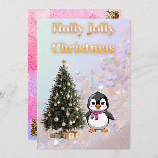 Holly Jolly Christmas Cute Penguin Paste 招待状 (正面/裏面)
