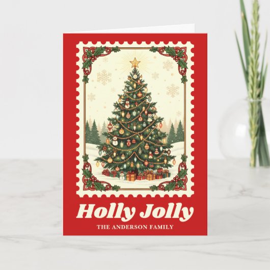 Holly Jolly Christmas Tree Postage Stamp シーズンカード (正面)