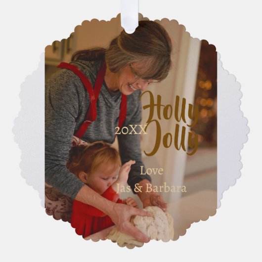 Holly Jolly family holiday photo beige year naboho オーナメントカード (正面)