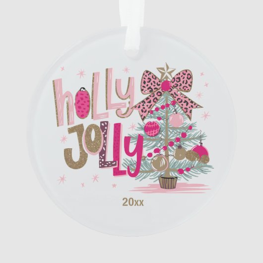 Holly Jolly Glam Pink Gold Leopard Print Christmas オーナメント (裏面)