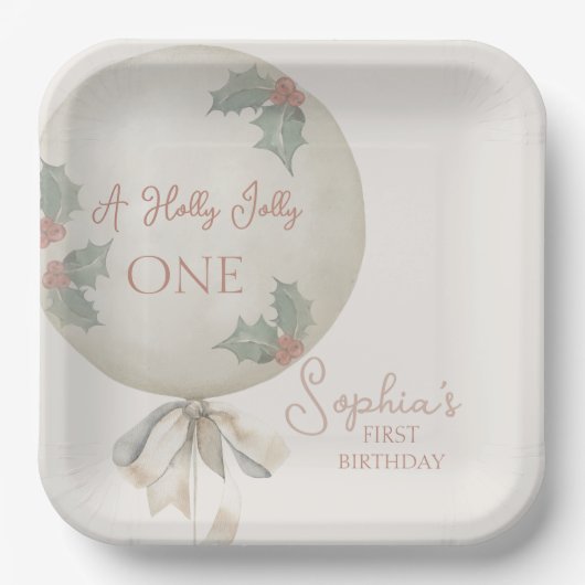 Holly Jolly ONE Christmas Vintage Balloon Birthday ペーパープレート (正面)