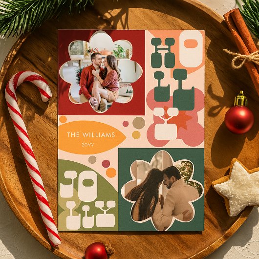 Holly Jolly Retro Geometric Christmas Floral Photo シーズンカード