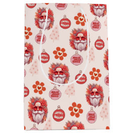 Holly Jolly Santa Vibes Pink Retro Holiday ミディアムペーパーバッグ