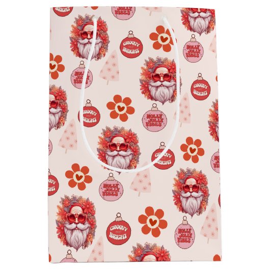 Holly Jolly Santa Vibes Pink Retro Holiday ミディアムペーパーバッグ (正面)