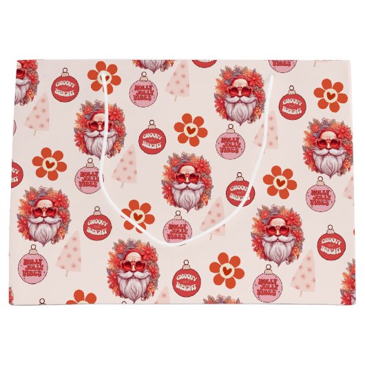 Holly Jolly Santa Vibes Pink Retro Holiday ラージペーパーバッグ (正面)