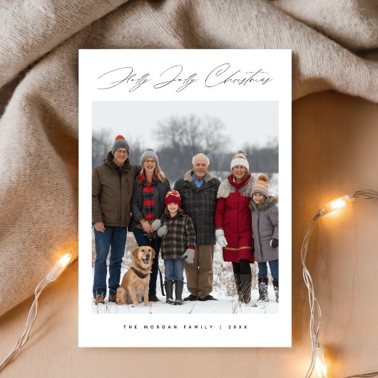 Holly Jolly Script Snowy Family Christmas Photo シーズンカード