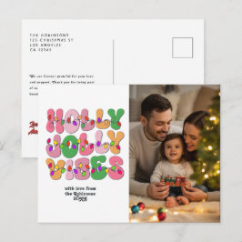 "Holly Jolly Vibes" レトロクリスマスライトの写真 シーズンポストカード