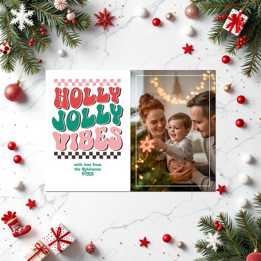 "Holly Jolly Vibes" Retro Christmas Photo シーズンカード