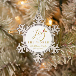 Holly Joy to the World Golden Christmas Quote スノーフレークピューターオーナメント