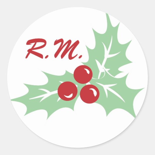Holly Leaves and Berries Monogram Holiday Sticker ラウンドシール (正面)