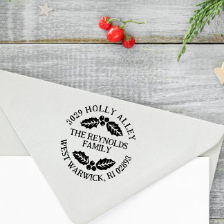 Holly Leaves & Berries Christmas Return Address ラバースタンプ