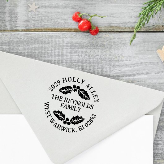 Holly Leaves & Berries Christmas Return Address ラバースタンプ
