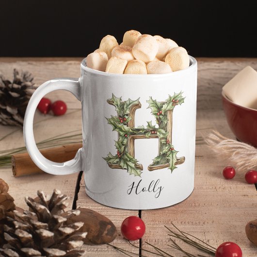 Holly Letter H Personalized Christmas Coffee Mug コーヒーマグカップ