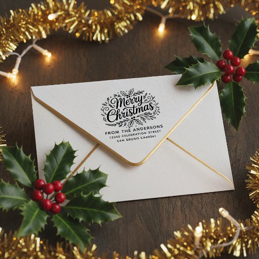 Holly Merry Christmas Family Name Return Address ラバースタンプ