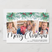 Holly Mistletoe 3 Photo Merry Christmas Script シーズンカード (正面)