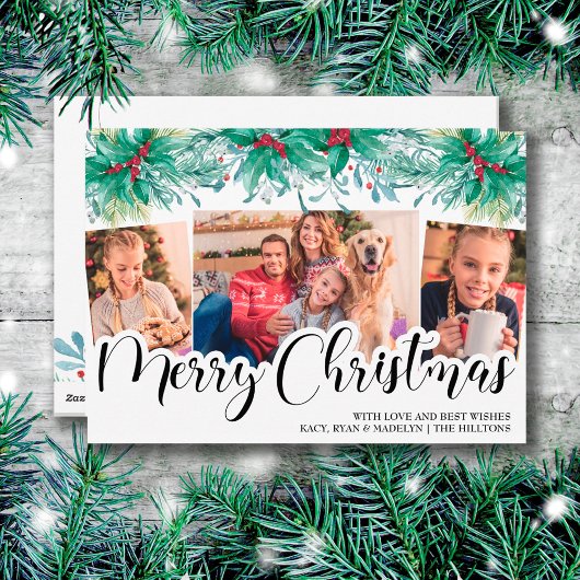 Holly Mistletoe 3 Photo Merry Christmas Script シーズンカード